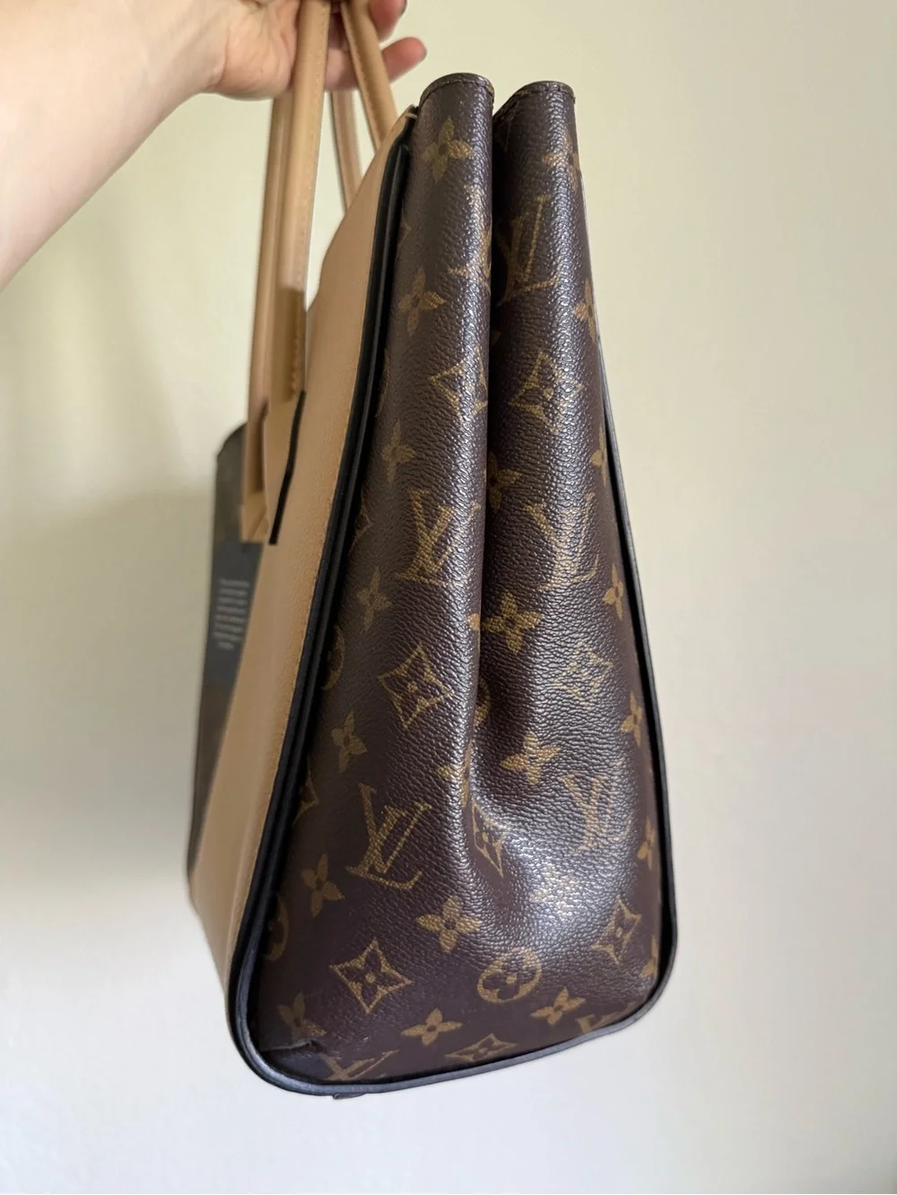 Louis Vuitton Two-Tone Monogram and Tan Leather Tote with Gold V Accent - Picture 2 of 8